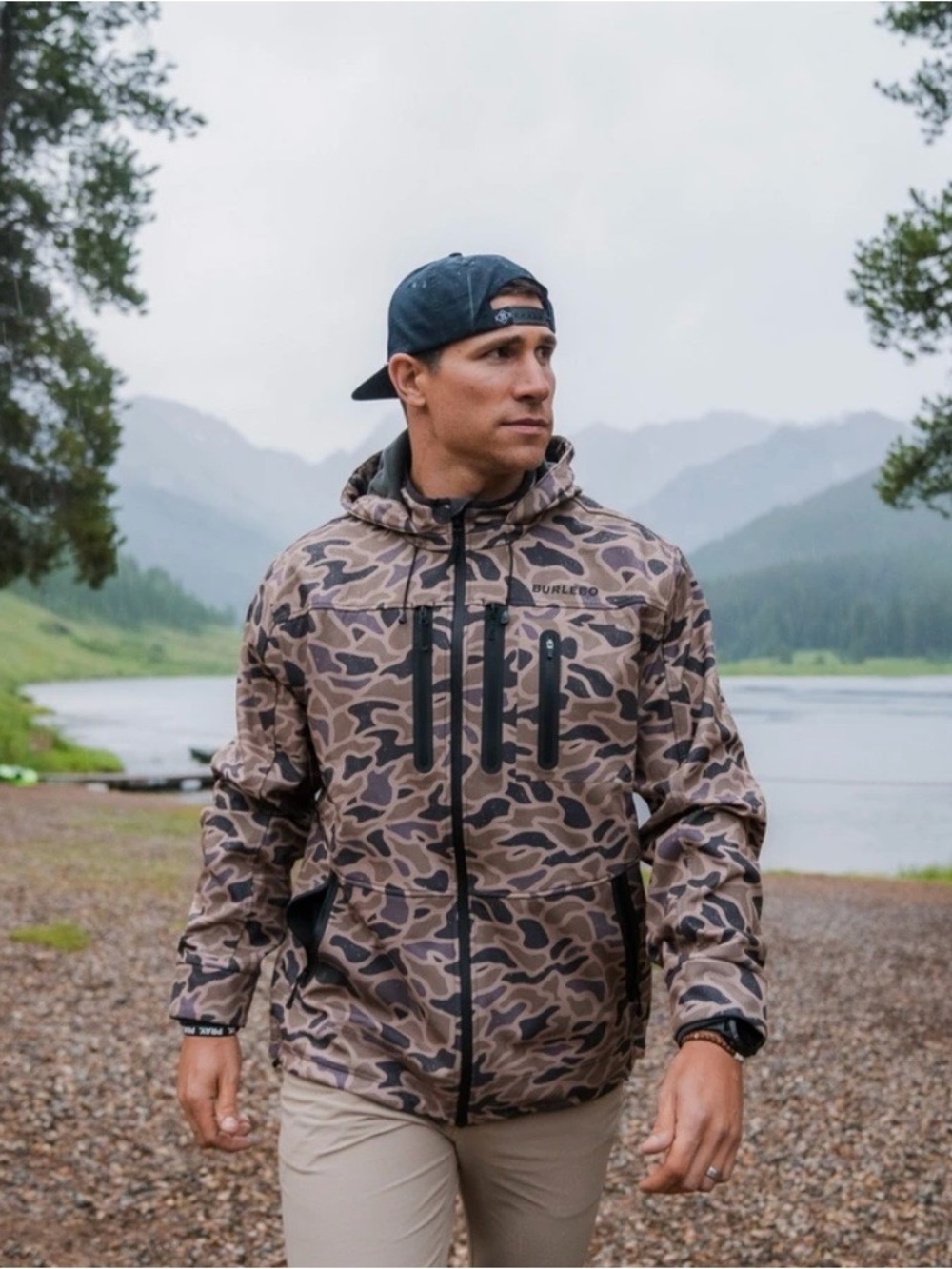 BURLEBO Men's Hooded Camo Rain Jacket - Brown Camo